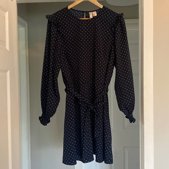 H&M Navy blue white polka dot long sleeve mini dress size XL - Picture 1 of 3